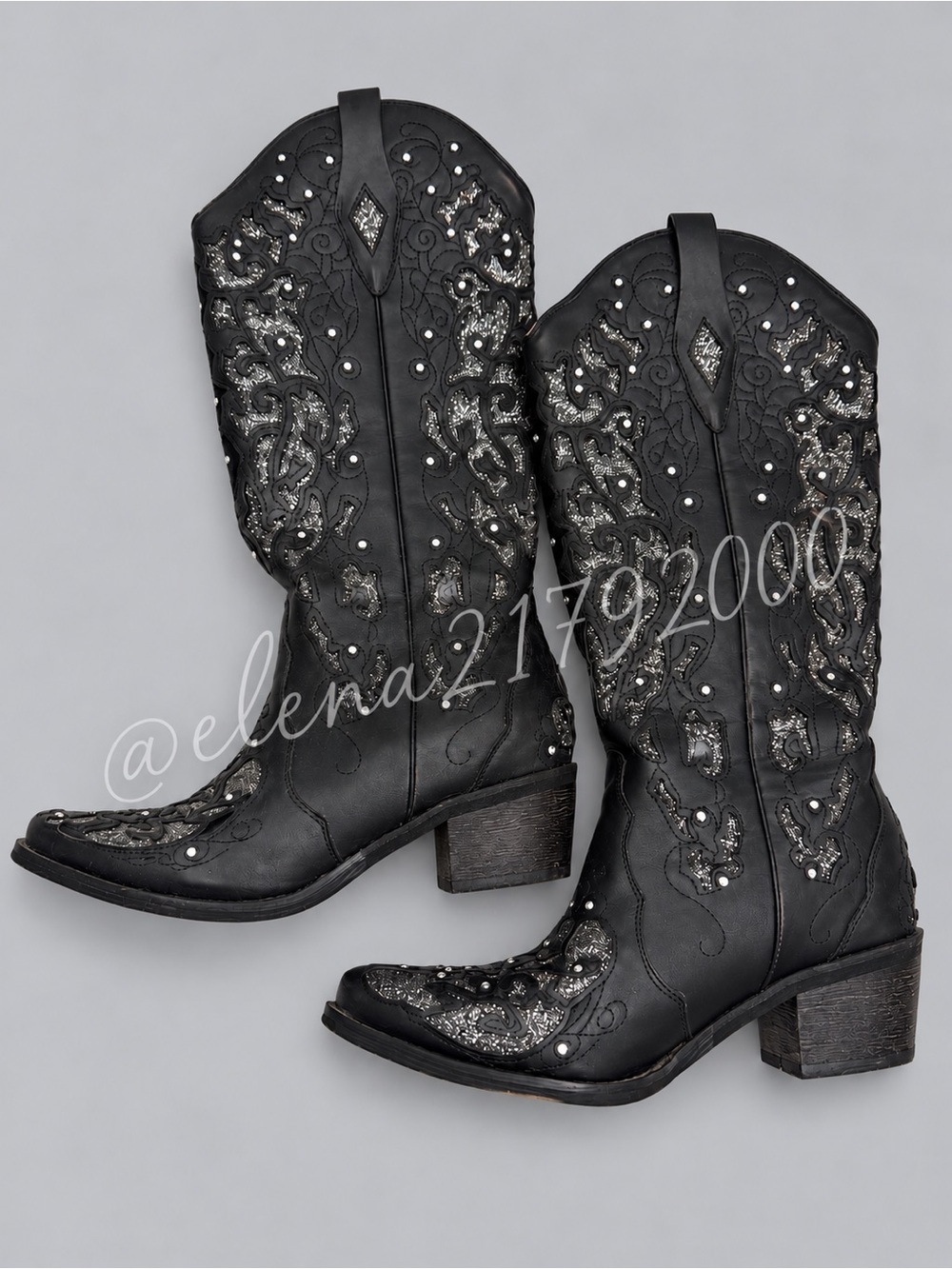 Black Embellished Western Cowboy Boots Rhinestone Glitter Studded Size 9.5